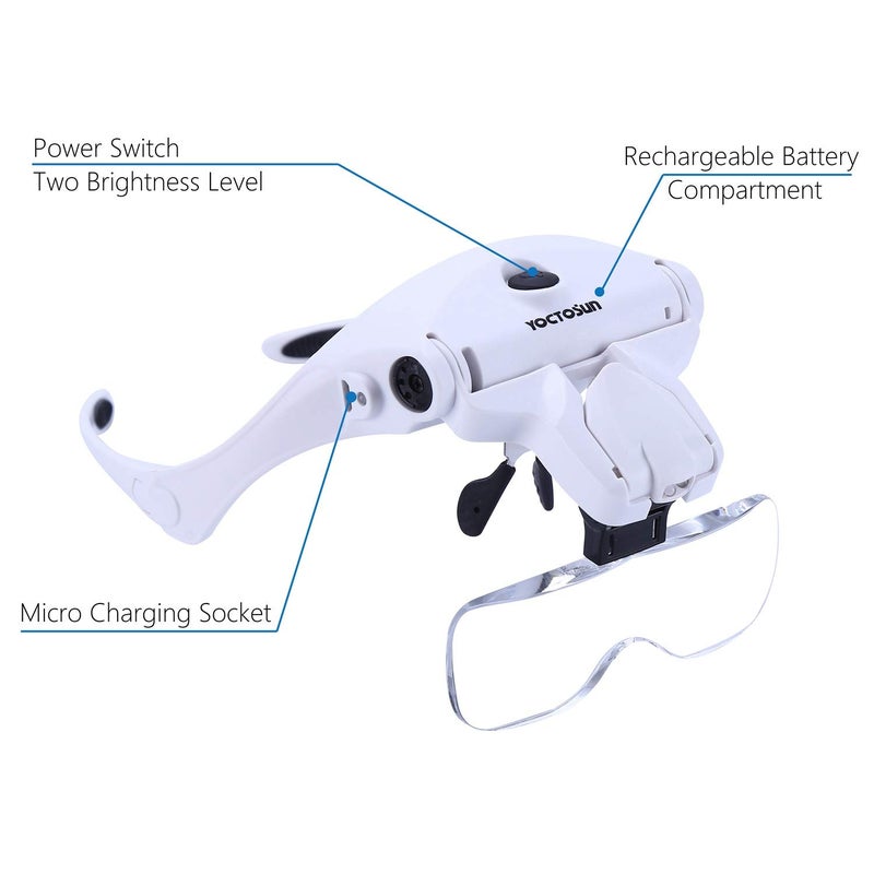 YOCTOSUN LED Head Magnifier, Rechargeable Hands Free Headband Magnifying Glasses with 2 Led, Professional Jeweler's Loupe Light Bracket and Headband are Interchangeable - Image 4